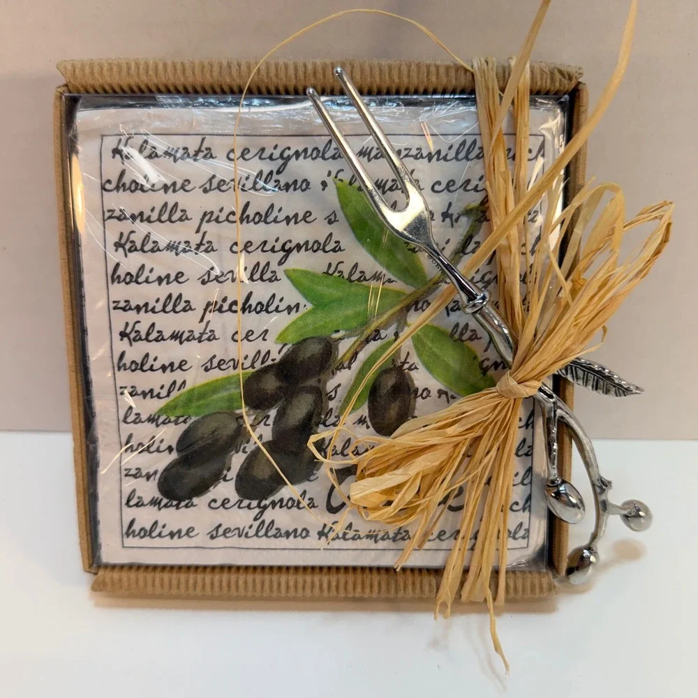 Mud Pie Olive Napkin Set Silver Olive Branch Fork Server Rustic Party Dinner NEW